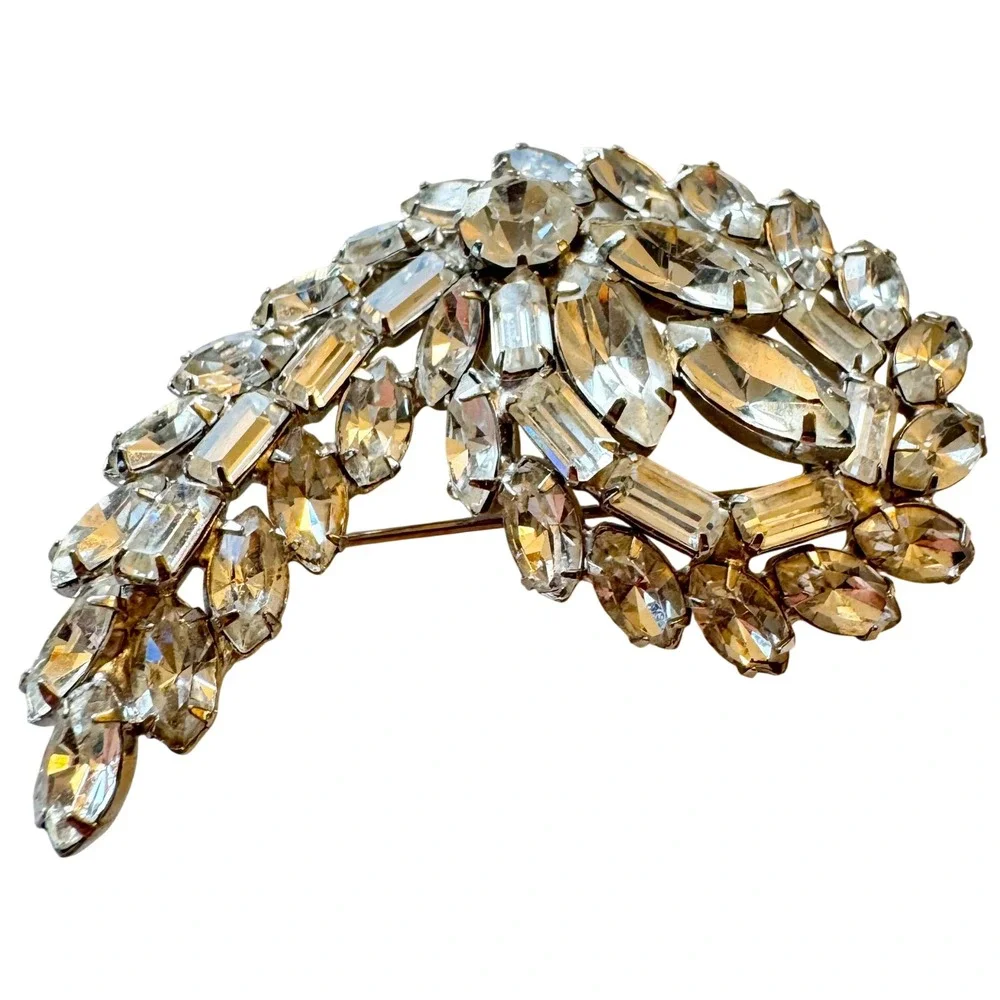 Sparkling Crystal Brooch Pin Rhinestone Floral Leaf‎ Design Silver Tone